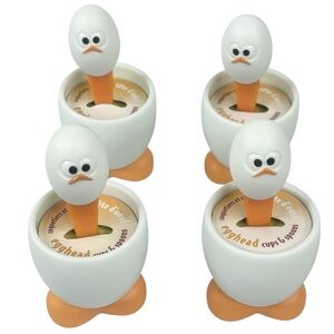 New Unused Set of 4 White & Yellow Egghead Egg Holders & Matching Spoons